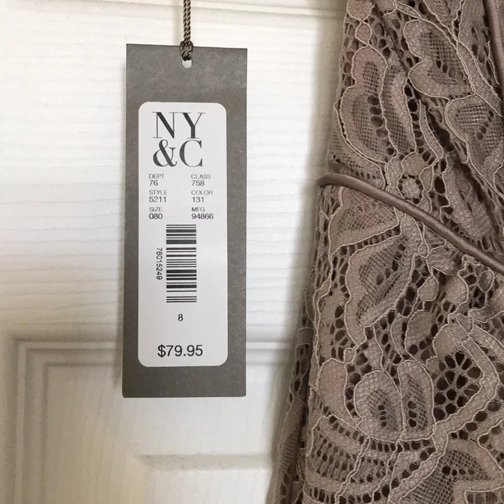 eva mendes for New York & Company Strapless Lace Midi Dress in Taupe Beige